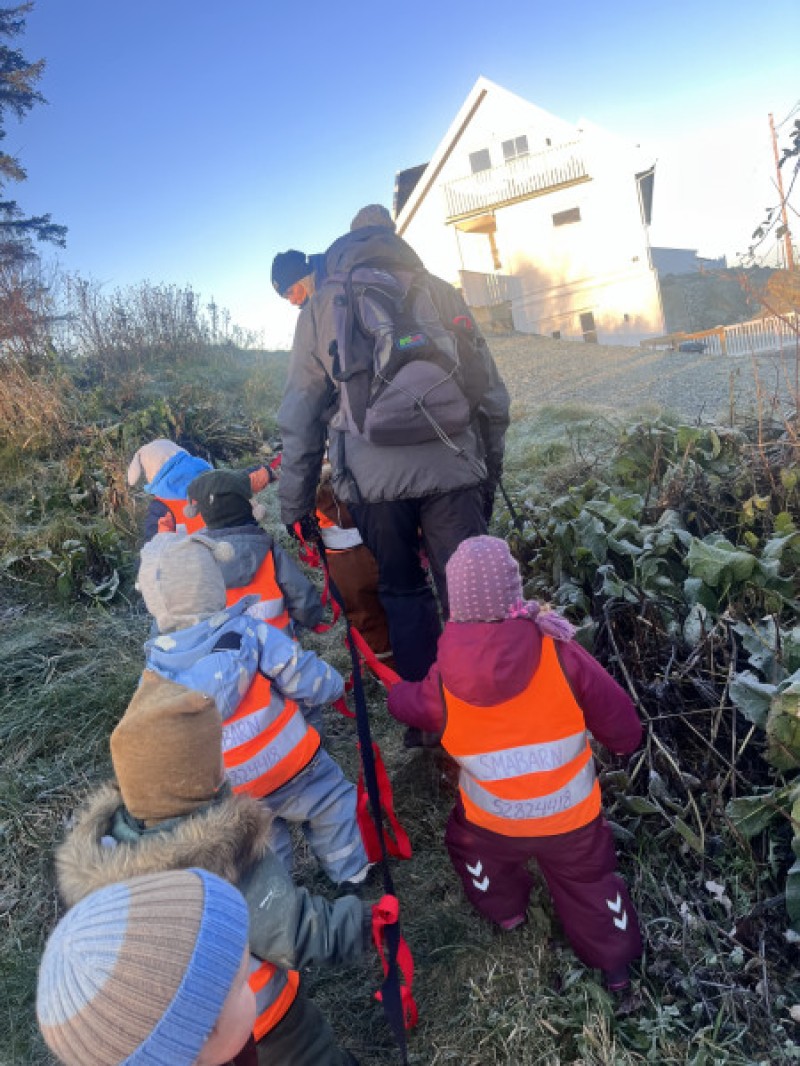 Nye turopplevelser og selvstendighetstrening når småbarn går selv ved hjelp av tau og støttende voksne.