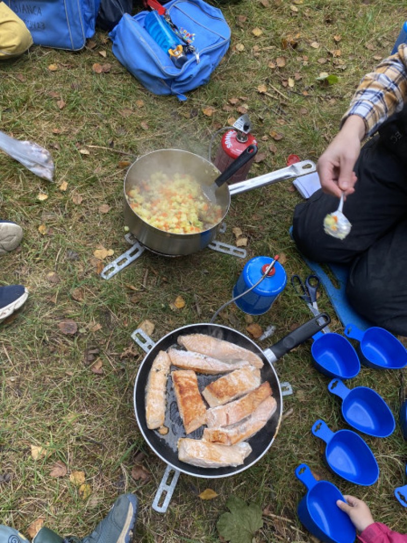 Mat smaker ekstra godt på tur! Her er det stekt laks og grønnsaker som tilberedes i skogen.